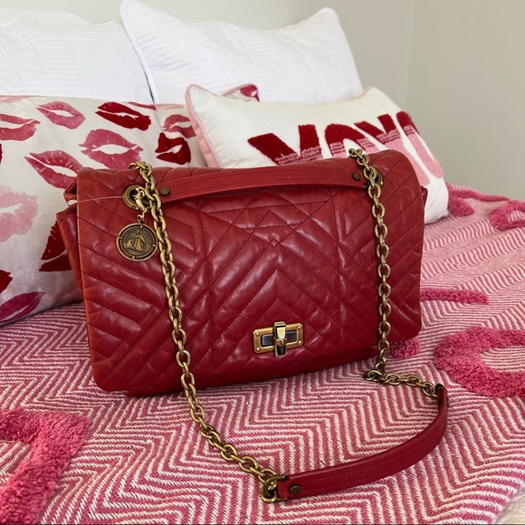 SOLD LANVIN HAPPY red quilted flap bag gold chain large - Picture 4 of 16